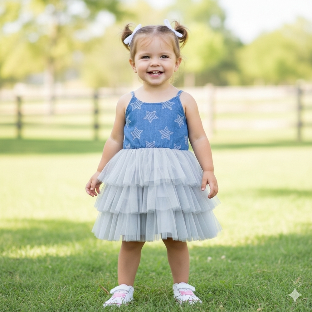 Girls Star Denim Blue Tutu Dress Tiered Ruffle Tulle Holiday Summer Sundress 2T